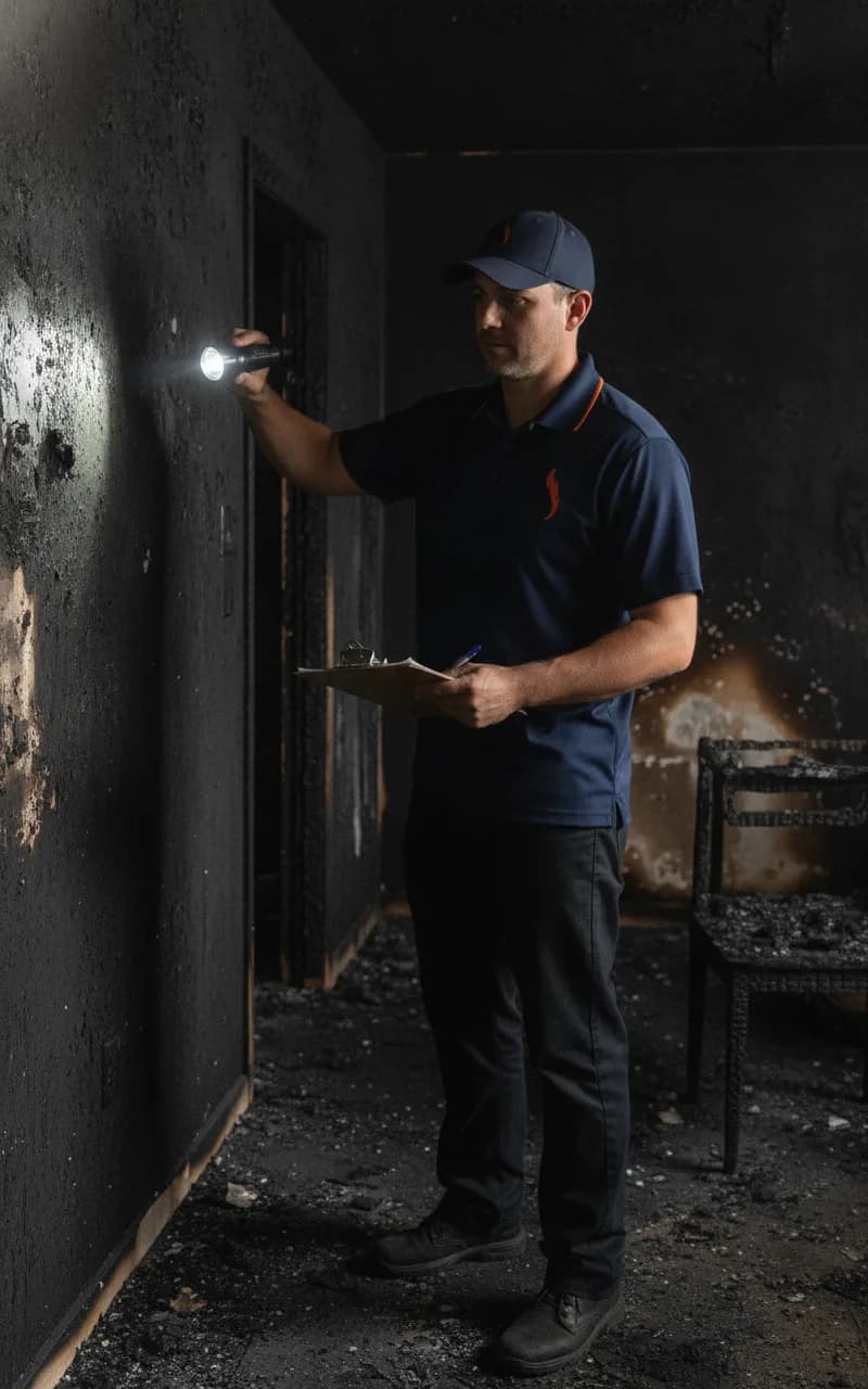 Power Dry technician performing fire & smoke damage restoration in a Northern Illinois home