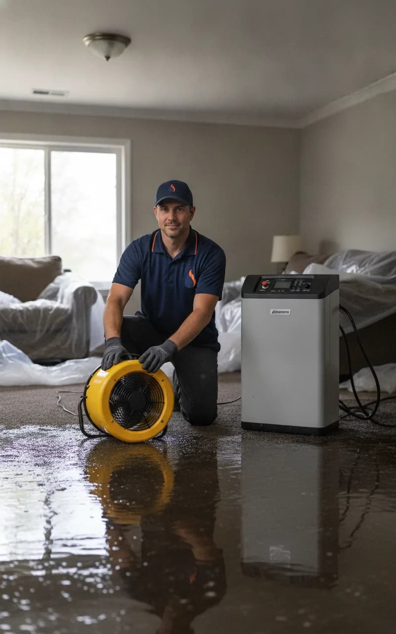 Power Dry technician performing structural drying in a Northern Illinois home
